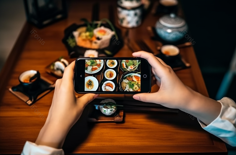 在一家餐馆里,一名年轻女子正在用智能手机拍摄刚上桌的日本菜,然后吃,高清,摄影图,摄影图片,图片大全,摄影图免费下载